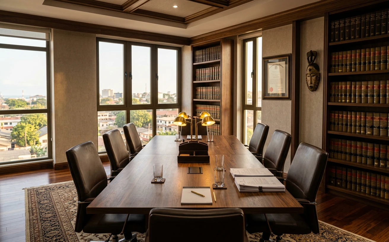 Salle de réunion du cabinet, bibliothèque juridique et vue sur Cotonou